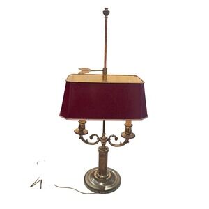 Vintage Brass Bouillotte Double Light Lamp with Burgundy Tole Shade Arrow Finial